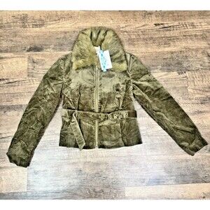 NWT Cider Corduroy Faux Fur Trim Collar Jacket With Belt Olive Green Medium